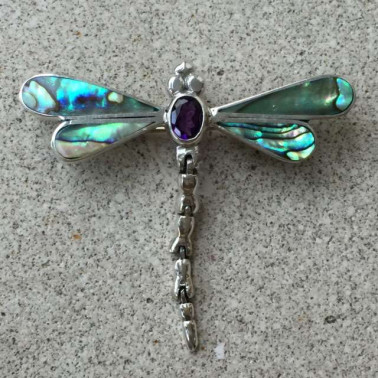 PD 09624 AB-AM-(UNIQUE 925 BALI STERLING SILVER DRAGONFLY BROOCH PENDANT WITH ABALONE -  AMETHYST)